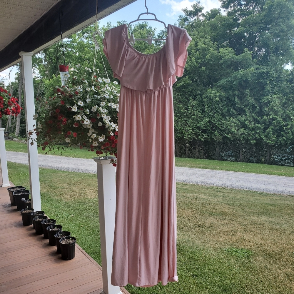 Pinkblush Ruffle Off Shoulder Maternity Maxi Dress Pastel Pink Stretch Pregnancy - Picture 14 of 14